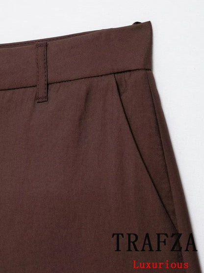 TRAFZA Casual Office Lady Chic Women Suit Solid Sashes Single Breasted Blazer Zipper Shorts New Fashion 2025 Spring Summer Sets