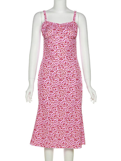 Hbenna Summer Dresses For Women Floral Print Sexy Y2K Ankle-Length Party Dresses Women Skinny Spaghetti Strap Long Dresses Pink