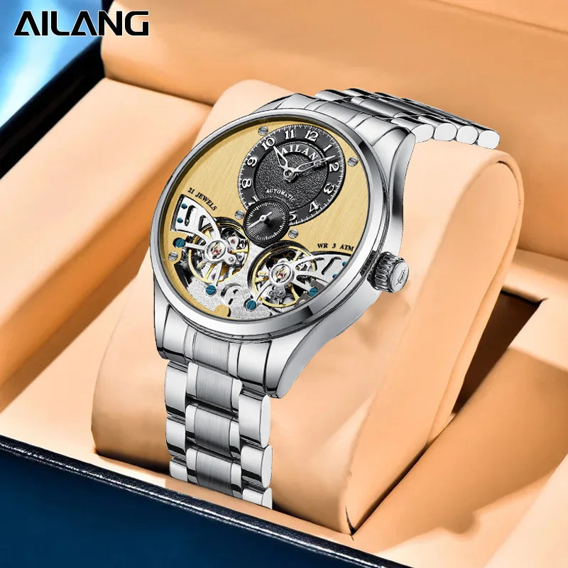 新作AILANGブランド 高級ダブルトゥールビヨン メンズウォッチ ファインスチールストラップ 防水 蓄光 ファッション機械式時計 メンズ