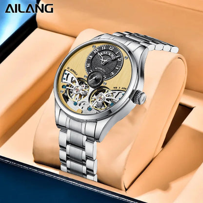 新作AILANGブランド 高級ダブルトゥールビヨン メンズウォッチ ファインスチールストラップ 防水 蓄光 ファッション機械式時計 メンズ