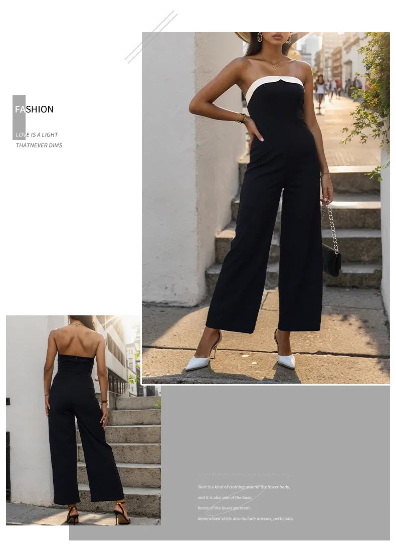 Women's Elegant Sleeveless Jumpsuits Summer High Waist Wide Leg Rompers Fashion Black White Splice Off Shoulder Party Playsuits
