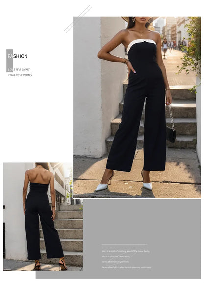 Women's Elegant Sleeveless Jumpsuits Summer High Waist Wide Leg Rompers Fashion Black White Splice Off Shoulder Party Playsuits