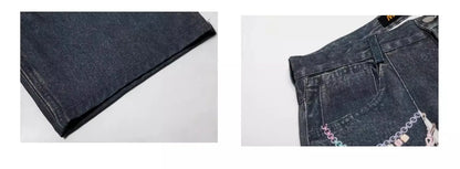 Chain Print Blue Jeans orts Men's Summer Loose Straight Leg Seven-Foot Pants Casual High Waist Corduroy Youth Faion