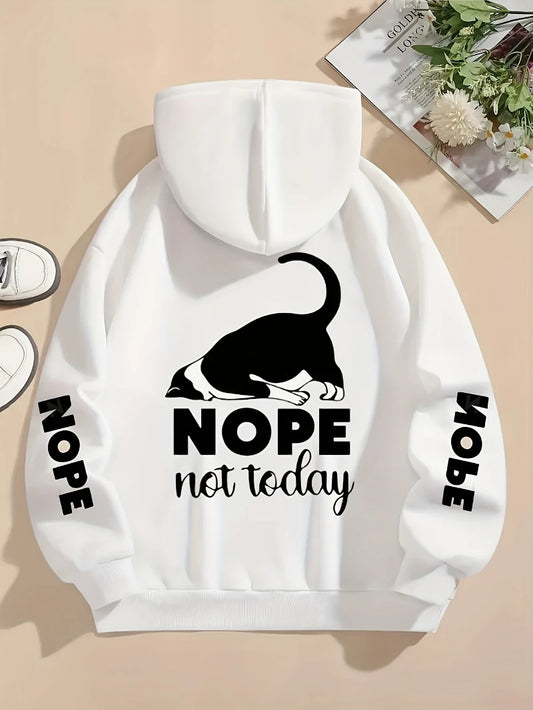 カジュアルレディースパーカー「Nope Not Today」キュートな猫プリントプルオーバー、ゆったりポケット付き暖かいフリーススウェットシャツ、秋冬レディース服