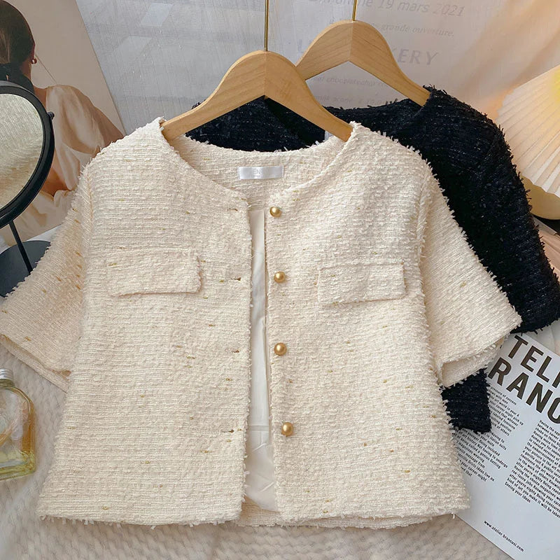 New Luxury Woolen Tweed Jacket Women Runway Short Sleeve French Style Short Coats Outwear Casacos chaqueta mujer Korean Fashion