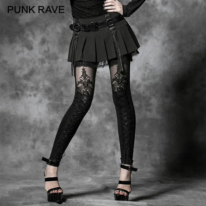 PUNK RAVE レディース セクシーで伸縮性抜群のフロッキングレースレギンス ゴシックレトロ ブラックパッチワーク スリムロングパンツ パンクロックファッション