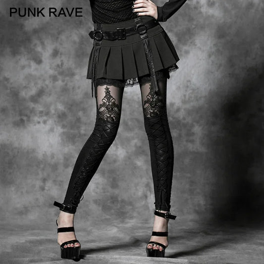 PUNK RAVE レディース セクシーで伸縮性抜群のフロッキングレースレギンス ゴシックレトロ ブラックパッチワーク スリムロングパンツ パンクロックファッション