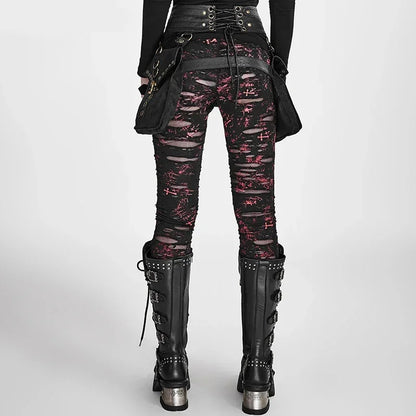 PUNK RAVE ゴシック レディース ブロークンメッシュ レギンス ハイエラスティック ホール クロシェ ブリーザブル リップドパンツ ブラック レッド スチームパンク チャーム セクシー