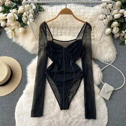 Women Sexy Mesh V Neck Slim Bodysuit Chic Long Sleeve Fashion Elastic Bodycone Jumpsuits Spring Autumn Hotsweet Gothic Playsuits