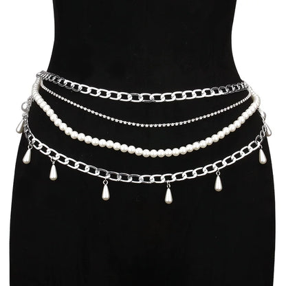 Y2K Designer belt Jewelry Multilayer Pearl waist chain for Women's Fashion Retro Character Playing Body Accessories Party Belts
