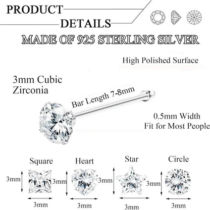 Fansilver 8Pcs 22G 925 Sterling Silver Nose Earring Rings Studs Tiny 3mm Assorted Shapes CZ Inlaid Nose Body Piercing Jewelry