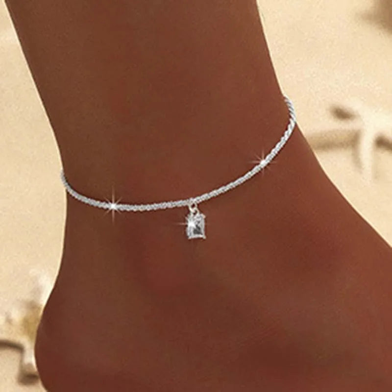 Sparkling Thin Chain Anklet For Women Zircon Heart Cross Pendant Double Layer Bracelet On Leg Foot Trendy Summer Beach Jewelry