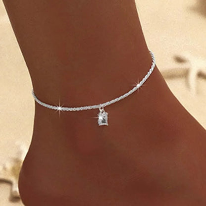 Sparkling Thin Chain Anklet For Women Zircon Heart Cross Pendant Double Layer Bracelet On Leg Foot Trendy Summer Beach Jewelry