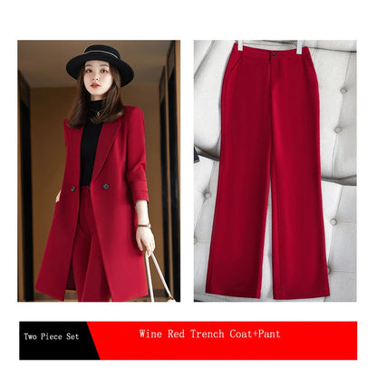 2022 Winter High-end Women's Business Suit Pants Two-piece Set Temperament Slim Solid Color Lady Double Breasted Trench Coat
