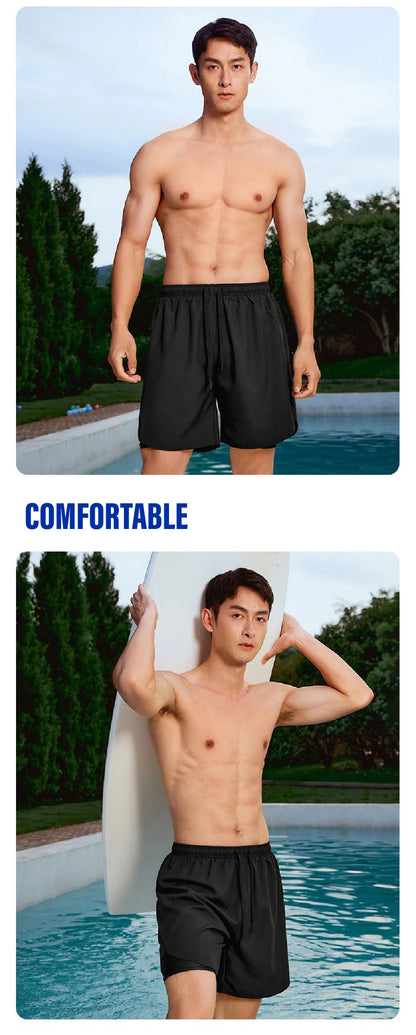 Men Swim Trunks Double-Layer Comfort Compression Liner Swim Shorts Quick Dry Beach Pants 7"