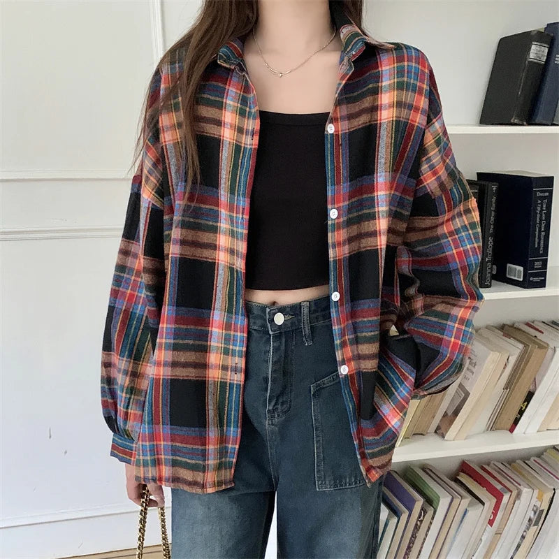 Women Tartan Shirt Long Sleeve Collared Button Up Oversized Plaid Shirt Jacket Grunge Fashion Teenage Girl Spring Summer Outfit