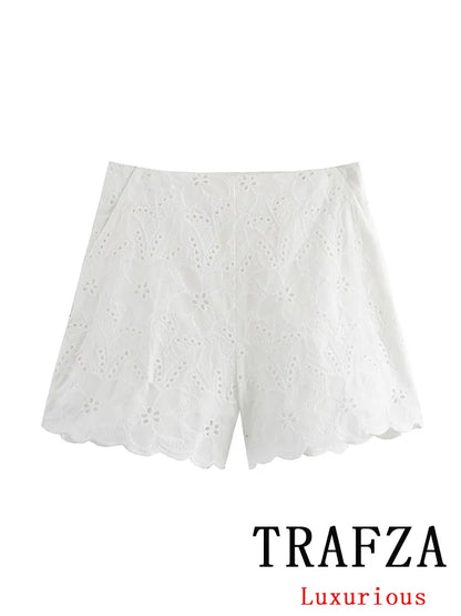 TRAFZA Vintage Office Lady Hollow Out Women Suit Solid Single Button Notched Blazer Mini Zipper Shorts Fashion 2025 Summer Sets