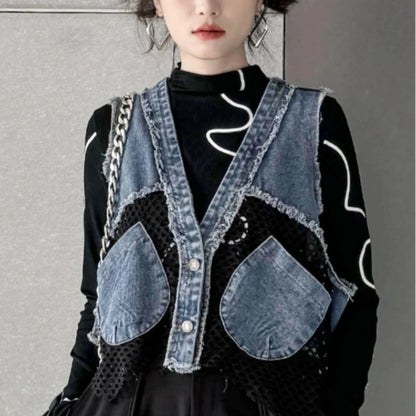 Grid Stitching V-Neck Denim Vest Women's Summer Fried Street Fashion Brand Loose Burrs Short Sleeveless Vests Jackets Female