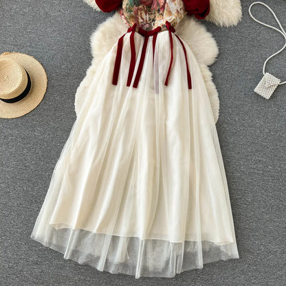 France Vintage Bow Mesh Wedding Runway Party Dresses Women Summer Fashion Elegant Strap Graduation Evening Vestidos Ladies Robe