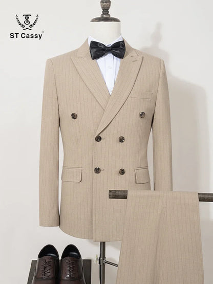 ST Cassy 高品質の男性用ストライプスーツ スリムフィット 高級男性服 エレガントなメンズスーツ ウェディングトレンドコスチューム