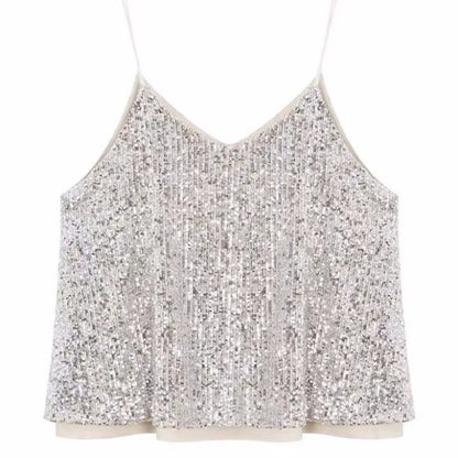 Women's Loose Casual Sequined Camisole Vest V Neck Shiny Sexy Sparkling Basic Top Fashionable Versatile Summer Top
