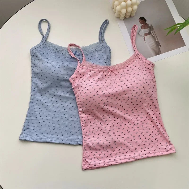 Summer Crop Tops Print for Women Bow Lace Camisole Sexy Backless Vest with Padded Basic Tank Top Bm Style Camis Y2k Streetwear