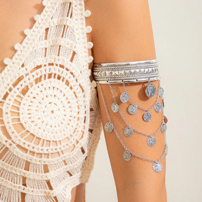 New Trendy Golden Metal Coin Leaf Chain Tassel Upper Arm Bangles Cuff Bracelet Armlet Armband Men Women Jewelry Accessories