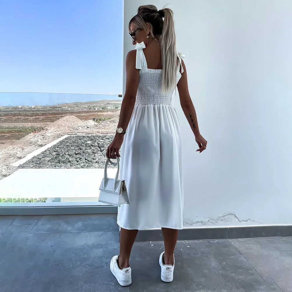 Summer Sexy Strap Midi Party Dresses Women 2024 Fashion Sleeveless Backless Print Slim White Dress Vacation Sundress Elegant