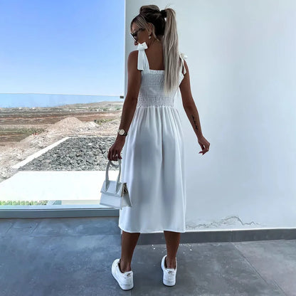 Summer Sexy Strap Midi Party Dresses Women 2024 Fashion Sleeveless Backless Print Slim White Dress Vacation Sundress Elegant