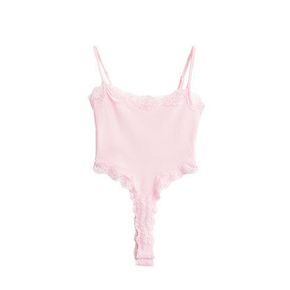 Sexy Bodysuit Tops For Women 2025 Summer Y2k Clothes Lace Panel BodySuits Women Solid Color Cami Bodysuit Backless Lace Top Pink