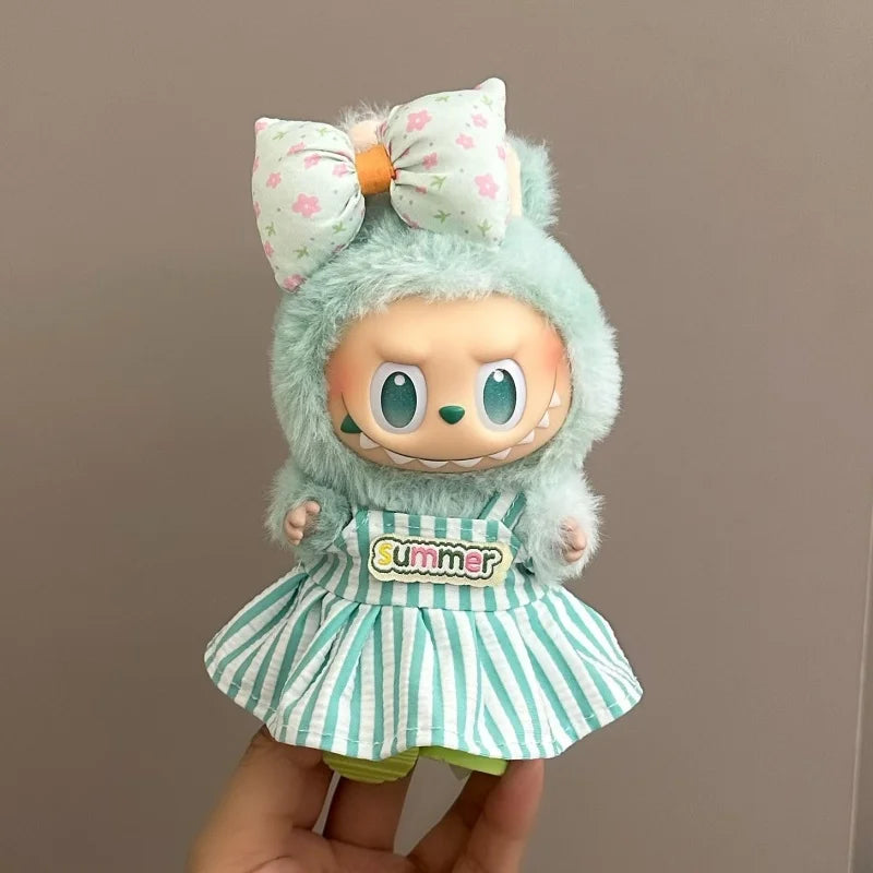 Labubuドール17cmぬいぐるみ用の服だけ 可愛いオーバーオールセット 夏のクールトレンド ファッション ソフトファブリック カラフルドレススーツ