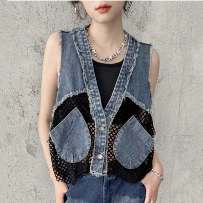 Grid Stitching V-Neck Denim Vest Women's Summer Fried Street Fashion Brand Loose Burrs Short Sleeveless Vests Jackets Female