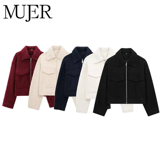 MUJER クロップド丈ボンバージャケット レディース ホワイト ブラック ツイードジャケット レディース 秋 ジッパー オーバーサイズジャケット レディース 長袖 レディースコート