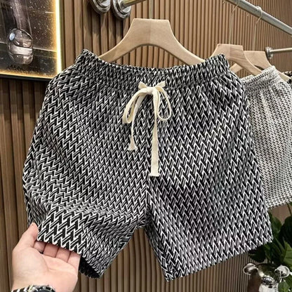 メンズ ホワイト プリント チェック柄 ショートパンツ 夏 スタイリッシュ ストレートレッグ カジュアル ビーチパンツ 快適 ポケット付き 軽量 ストリート ショートパンツ