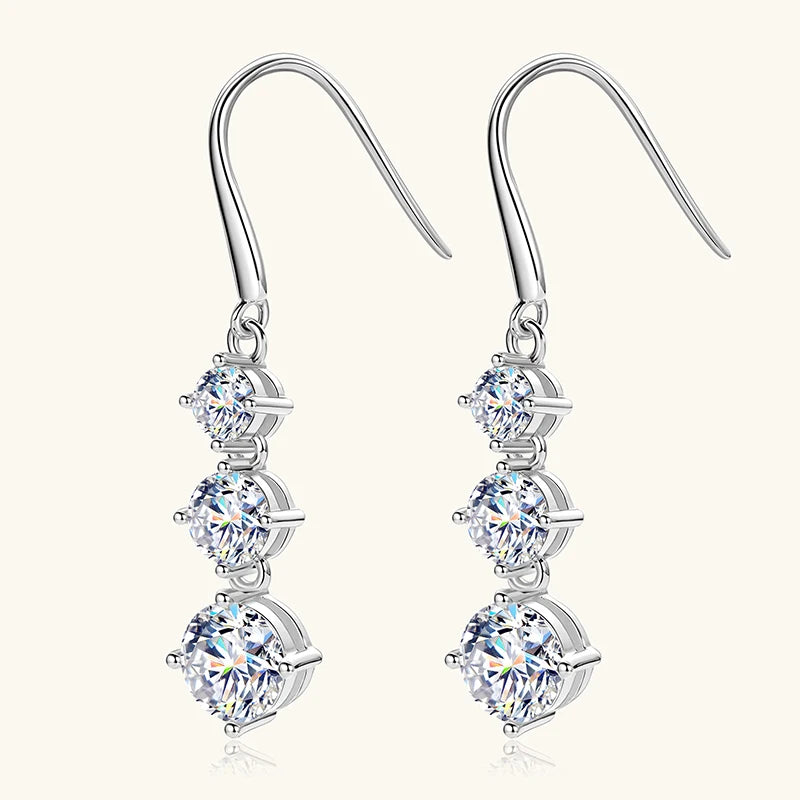Lnkry 925 Sterling Silver Drop Earring Certified GRA 6.5mm&5mm&4mm Three Stone Moissanite Dangle Earrings For Women Jewelry Gift