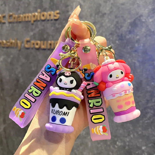 Ice cream Sanrio Hello Kitty Figures Keychain Kuromi My Melody Action Figural Model PVC Key Ring Cinnamoroll Birthday Gifts