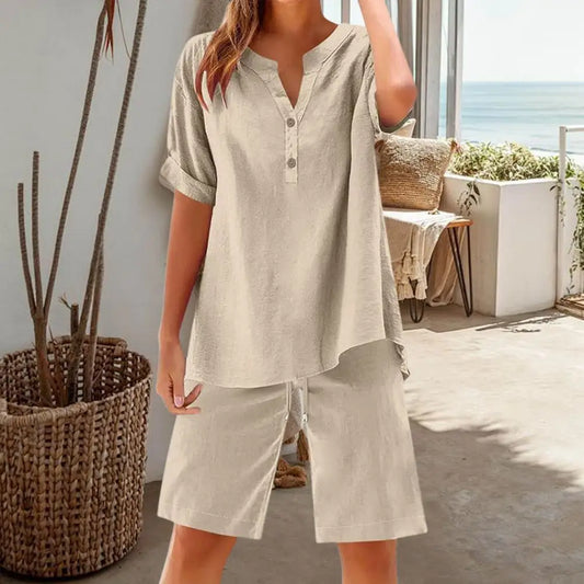 Women 2-piece Set Women's Cotton Linen 2 Piece Outfits Short Sleeve V-neck Top Wide Leg Shorts Set for Summer Lounge Wear Women