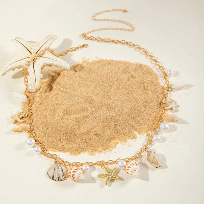 Docona Bohemian Sea Star Conch Waist Chain Women Summer Beach Party Shell Imitation Pearl Body Chain Holiday Accessories