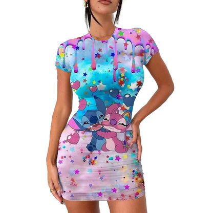 2022 Disney Stitch 3D Cartoon Print Tight Dress Short Sleeve Women's Tight Mini Dress Hip Print Kawaii beach party Women's Dress