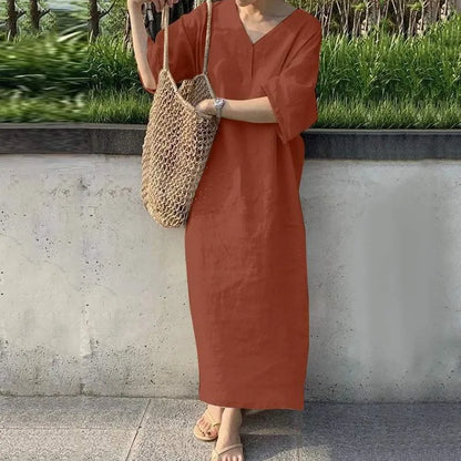 Women V Neck Button Short Sleeve Loose Maxi Dresses Summer Casual Female Holiday Beachwear Solid Color Cotton Linen Party Dress