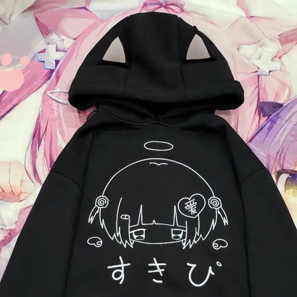 日本の漫画プリントフリースパーカー レディース 原宿ゴシック 猫耳 フード付き ヴィンテージ パーカー ストリートウェア Y2K 美的 スウェットシャツ
