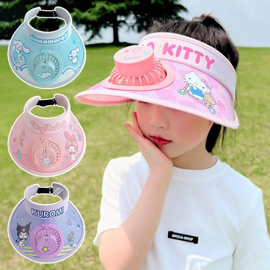 New Cute Kuromi Kids Sun Hat with Cooling Fan Summer Breathable Uv Protection Cap for Boys Girls Outdoor Play Wide Brim Visor