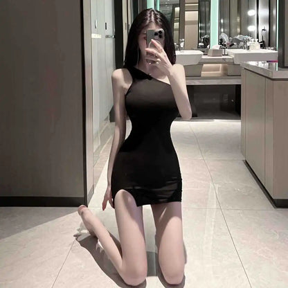 Summer Women Sexy One Shoulder Evening Dress Solid Color Casual Lace Up Sleeveless Bandage Club Party Backless Tight Dress
