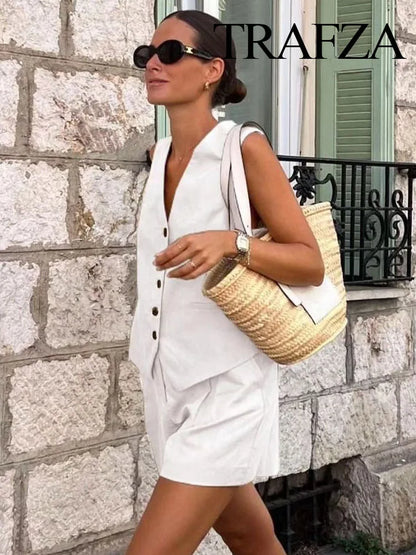 TRAFZA Women's Fashion Solid Linen Waistcoat Top V Neck Button Loose Casual Vest Summer Woman Streetwear Chic Vests Waistcoat