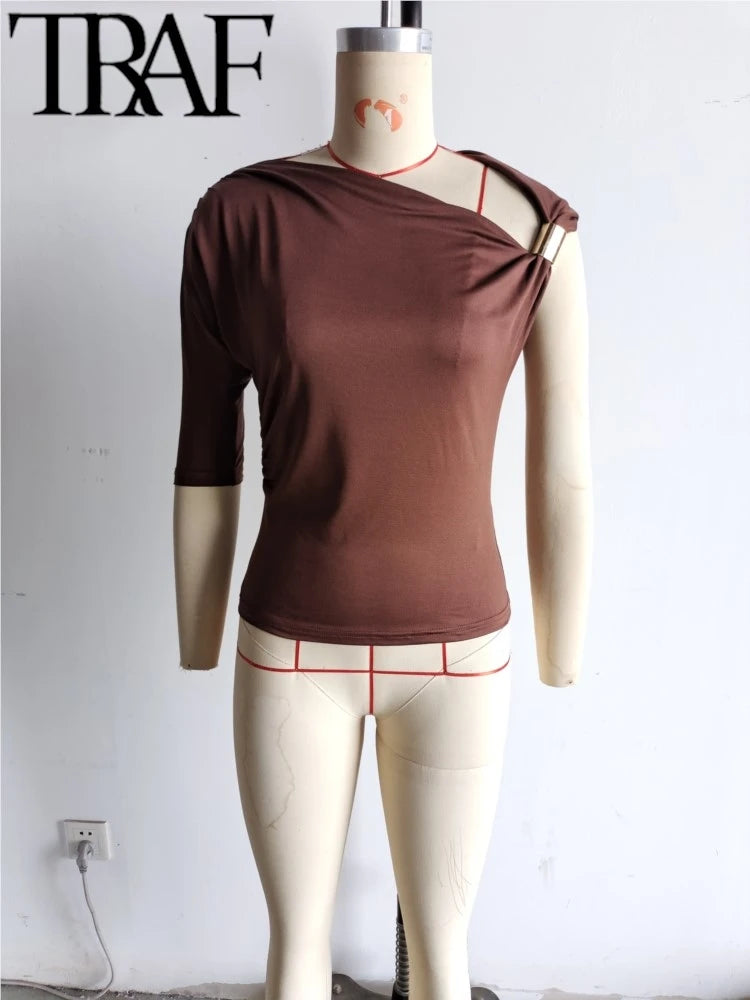 TRAF GAL 2025 Summer Thin Women Tees Short Sleeve Metal Detail Ruched Elastic Slim Asymmetric T-Shirt Female Crop Top Y2K