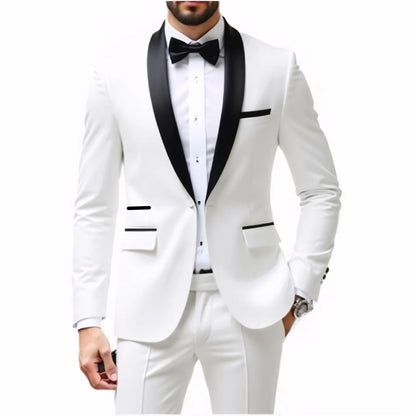 A Two-piece Suit for Men with A Green Collar, A Wedding Suit for The Groom, A Fitted Black Best Man's Suit, and A Wedding Dress