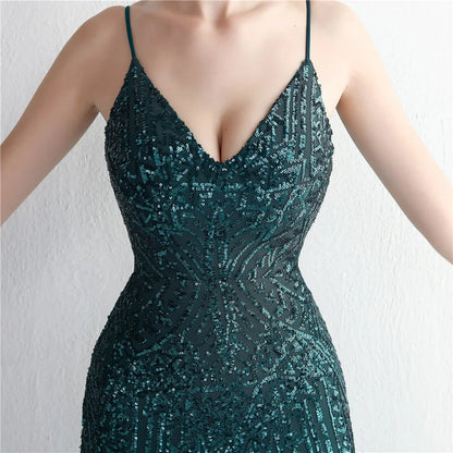 Women's Black Long Sleeve Padded Strap Sequin Dress Length, Sparkles Stretch, V Neck Mermaid, Formal Evening Dress, Night Party
