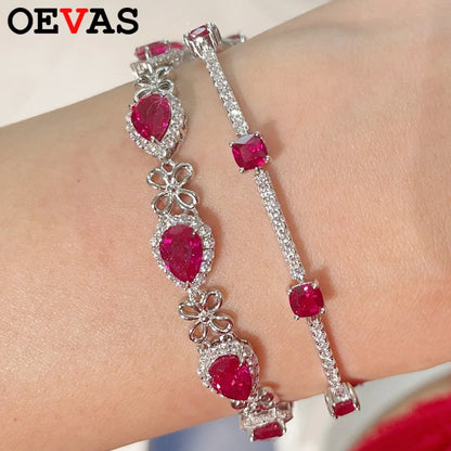 OEVAS S925 シルバープレート 18K ゴールド ラボグロウンルビー／ハイカーボンダイヤモンド ブレスレット レディース用 キラキラ輝くラグジュアリーラボダイヤモンドブレスレット