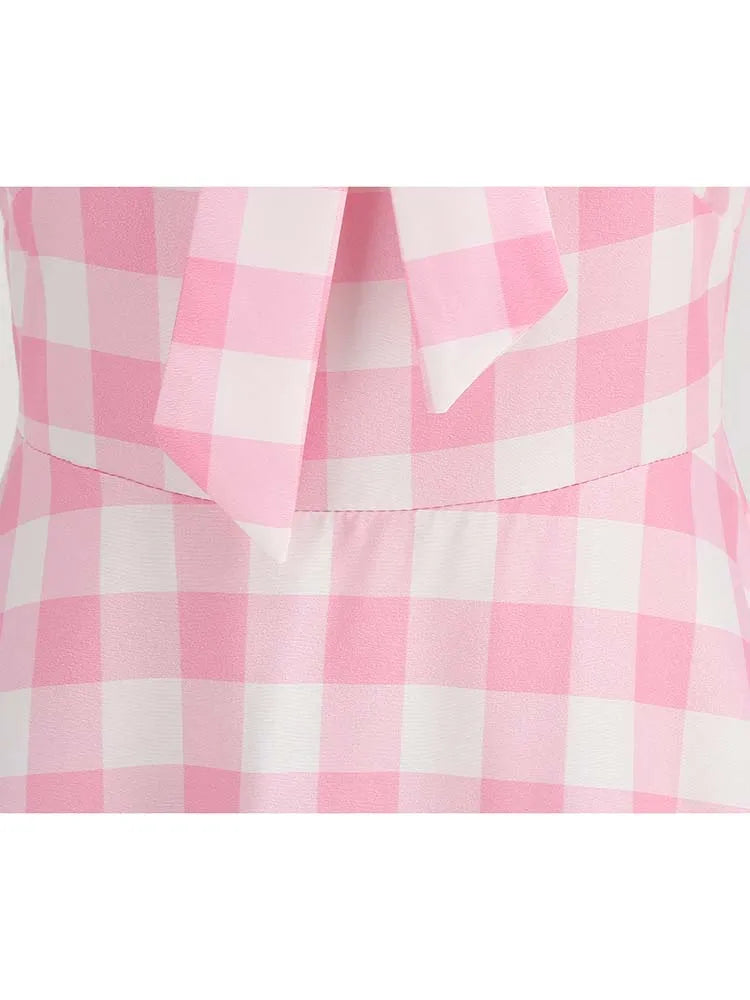 Green Plaid Swing Party Dresses Women Elegant Vintage Square Collar Short Sleeve Casual Summer Dress