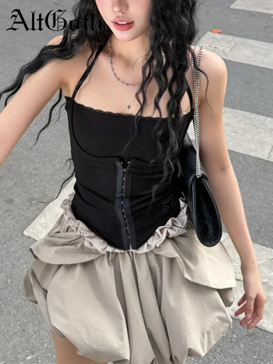AltGoth Streetwear Sexy Camisole Women Dark Gothic Y2k E-girl Harajuku Grunge Bow Embroidery Backess Halter Corset Crop Tank Top